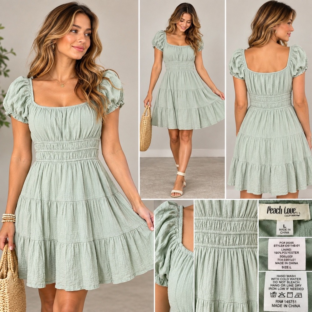Peach Love California Babydoll Dress Large Sage Green Puff Sleeve Cottagecore